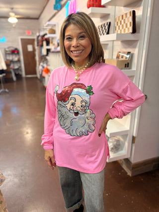 Pink Santa Sequin Christmas Top
