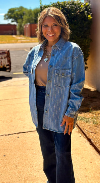Mid Wash Rhinestone Denim Shacket