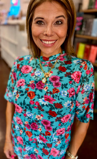 Turquoise Bloom Sheer Top