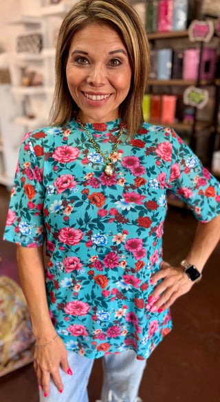 Turquoise Bloom Sheer Top
