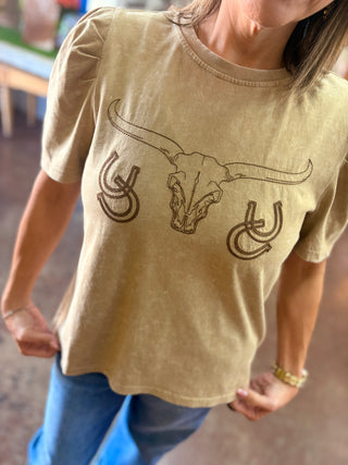 Longhorn & Horseshoe Mineral Wash Puff Sleeve Top