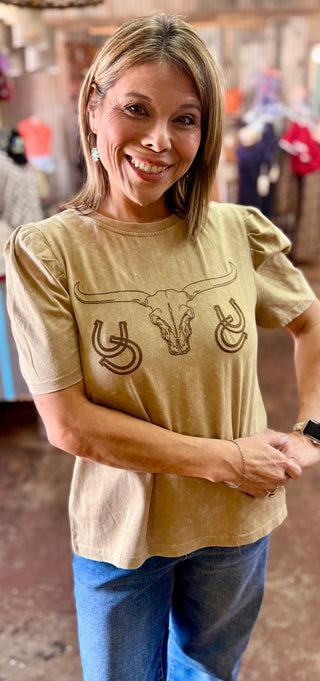 Longhorn & Horseshoe Mineral Wash Puff Sleeve Top