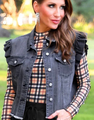 Jordan Ruffle Denim Vest- Black Denim