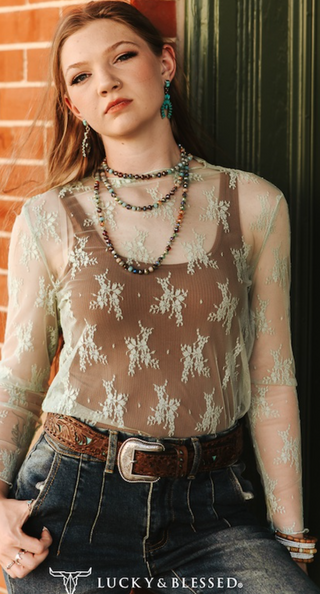 Sage Sweetheart Lace Mesh Top