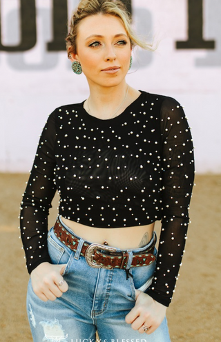 Pearls After Dark Mesh Crop Top