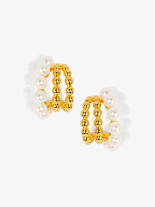 Pearl Beaded Triple Hoop Huggies - Gold