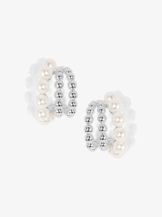 Pearl Beaded Triple Hoop Huggies - Rhodium