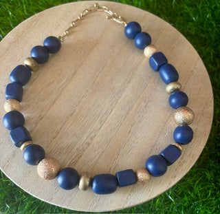 Navy & Gold Wooden Bead Necklace