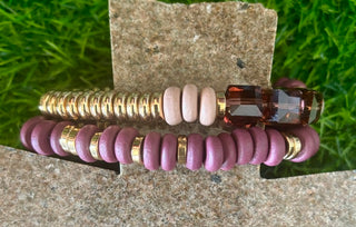 Mauve & Gold Wooden Bead Bracelet